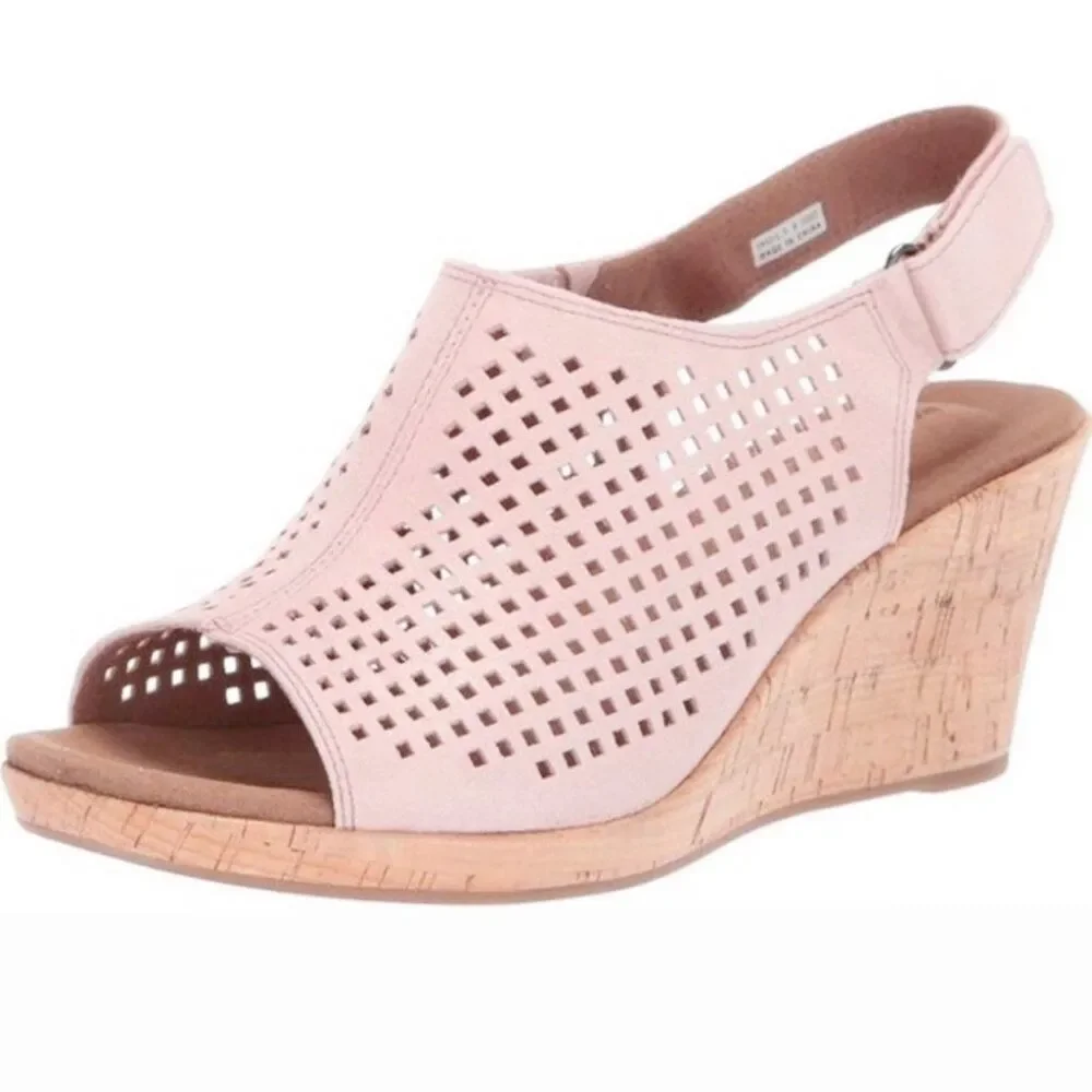 ROCKPORT Briah Perforated Slingback Cork Wedge Leather Sandal Pink Shimmer 9 NEW